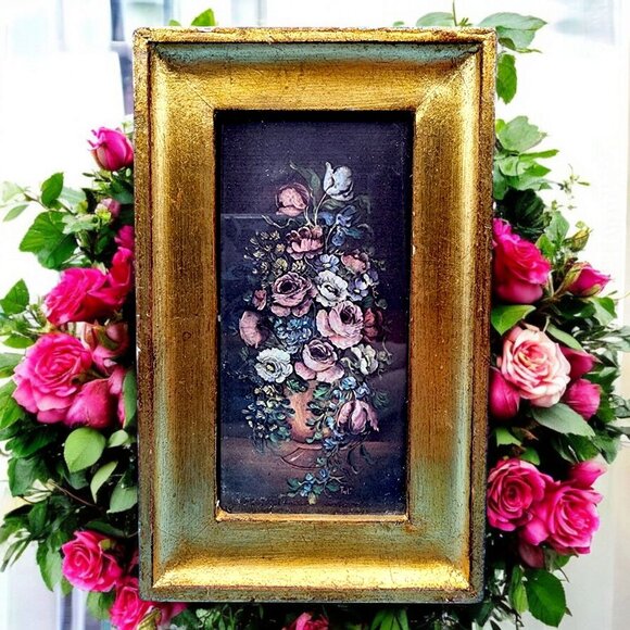 Flemish Floral Miniature Art Print In Gold Gilt Frame Bouquet in Vase Italy - Picture 1 of 8